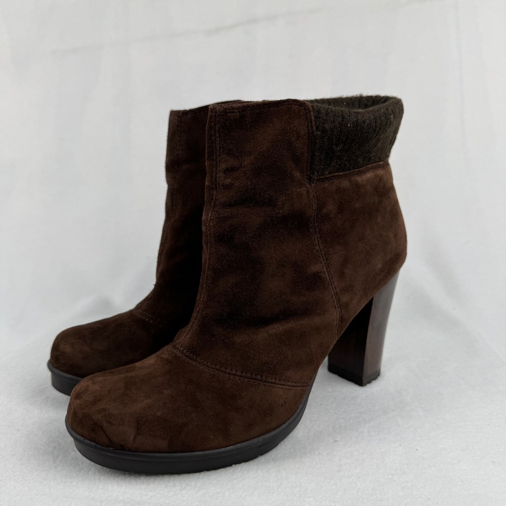 Kenneth Cole Reaction Brown Suede Leather‎ Knit Cuff Heel Ankle Boots 7M
